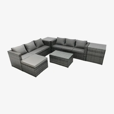 The Range 7-Seat PE Rattan Sofa Set, Coffee Table, 2 Side Tables, Footstool - Dark Grey Mixed