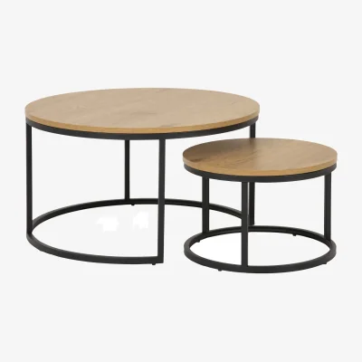 The Range Odense Wild Oak-Effect Round Nesting Coffee Table Set with Matte Black Hairpin Legs - Natural