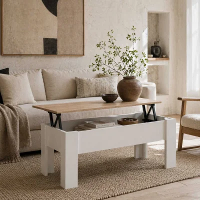 The Range Lirifi Nono Lift-Top Coffee Table with Hidden Storage, White and Oak Finish