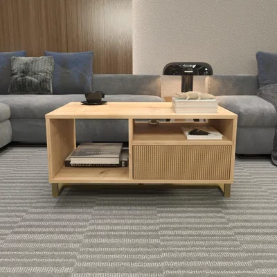The Range Utopia Modern Coffee Table with Open Shelves - Sapphire Oak&Rattan Patterned