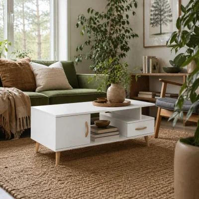 The Range Lusayo White Minimalist Coffee Table with Storage Shelf and Drawer