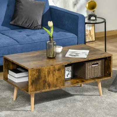 The Range Vintage Coffee Table Center Table Storage Compartments - Rustic Brown