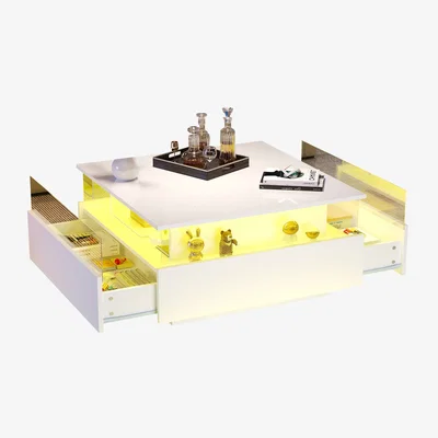 The Range White Coffee Table with Storage, LED Lights, 2 Sliding Drawers & Glass Top - White
