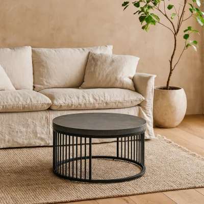 The Range Dublin Round Coffee Table Marble Effect Top Matt Steel Base - Black