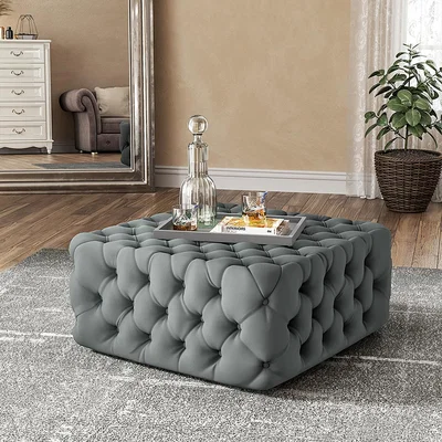 The Range Deep Buttoned Square Velvet Footstool Coffee Table - Green / 15.3kg