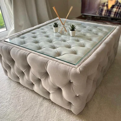 The Range Chesterfield Glass Coffee Table Footstool - Mink biscuit