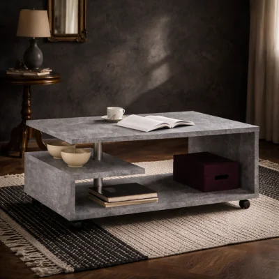 The Range Salford Concrete Effect Coffee Table with Open Shelves and Lockable Wheels - Grey
