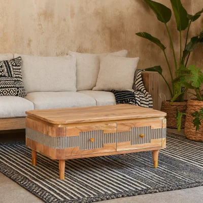 The Range Idaho Acacia Coffee Table with Brass Accents - Brown