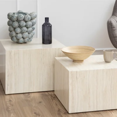 The Range Dice Square Coffee Table Set in Light Travertine Effect - Travertine