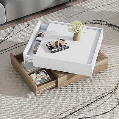 The Range Square 360Rotating Coffee Table with 2 Drawers - Natural