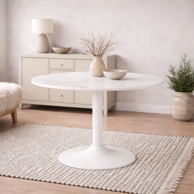 The Range Cloverfern Round Coffee Table Ceramic Top Gloss Wood Base - White