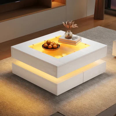 The Range White High Gloss Coffee Table with 3 Drawers, Glass Top & LED Lights - White
