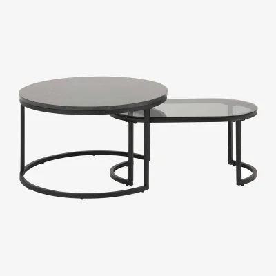 The Range Reykjavik Nesting Coffee Table Set - Black Marble-Effect Top & Grey Glass, Black Hairpin Legs - Black
