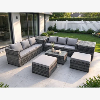 The Range 8-Seat PE Rattan Sofa Set, Glass Coffee Table, 2 Side Tables, 2 Footstools - Dark Grey Mixed