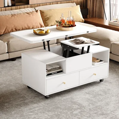 The Range Lift Top Coffee Table with Wheels, 4 Drawers, 2 Lifting Platforms and Extendable Design, White - White