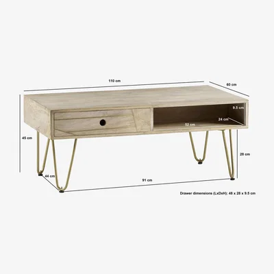 The Range Light Gold Mango Wood Rectangular Coffee Table with Drawer - Light Wood