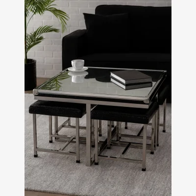 The Range Carla 5 Piece Crocodile Leather Effect Coffee Table and Stool Set - Black