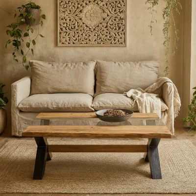 The Range Vouvant Live Edge Mango Wood and Glass Coffee Table Matt Finish - Black