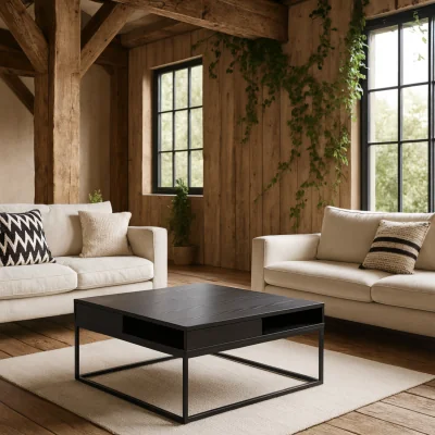 The Range Pisa Square Coffee Table Wood Top Matt Steel Base - Black
