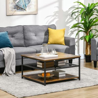 The Range Industrial Coffee Table, Square Cocktail Table with 3-Tier Shelves - Rustic Brown