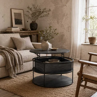 The Range Diha Dark Grey Round Lift-Top Coffee Table with Hidden Storage