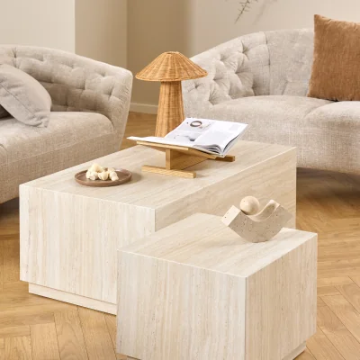 The Range Dice Square and Rectangular Coffee Table Set of 2 in Travertine Rough Paper Effect - Travertine