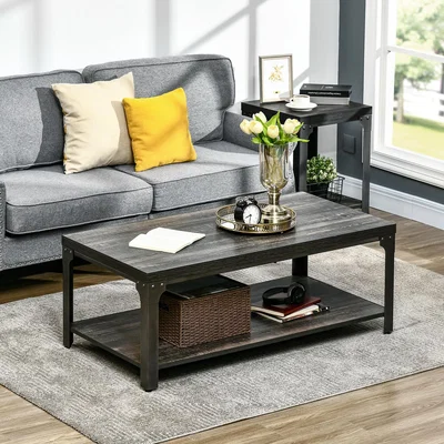 The Range Rustic Coffee Table with Storage Shelf, Steel Frame and Thickened Top - White