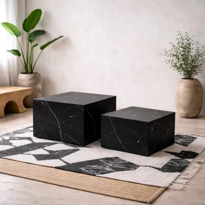 The Range Lincoln Set of 2 Marquina Marble Effect Square Coffee Tables - Black