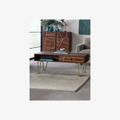 The Range Dark Walnut and Gold Rectangular Coffee Table with Drawer - Dark Wood