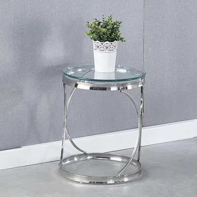 The Range Modern Round Tempered Glass Coffee Tea End Table With Geometry Chrome Base - Silvery