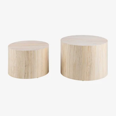 The Range Munkebo set of 2 light travertine-effect round coffee tables, natural - Natural