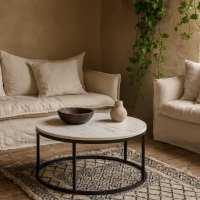 The Range Odense Round Coffee Table Marble Effect Matt Top Matt Hairpin Legs - White