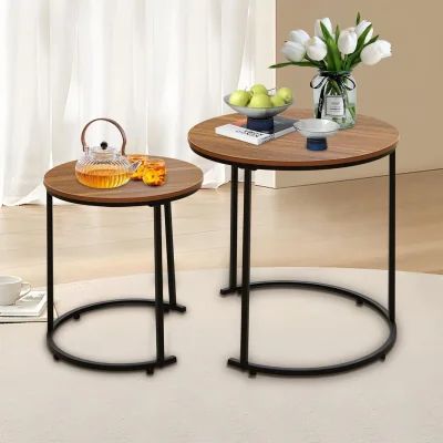 The Range Set of 2 Round Metal Frame Coffee Table with Wooden Top - Wooden