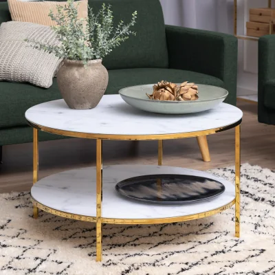 The Range Alisma Round Coffee Table with White Crystal Clear Marble Glass Top & Gold Legs - White Marble & Gold