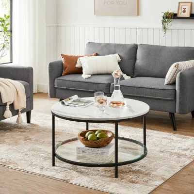 The Range Round Coffee Table with Faux Marble Top and Built-In Storage Shelf, Modern Living Room Table - Marble White and Black