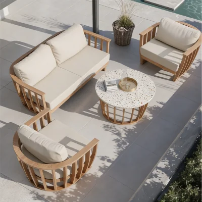 The Range LUCCA 5-Seater Teak Effect Aluminium Lounging Set with Coffee Table - Beige