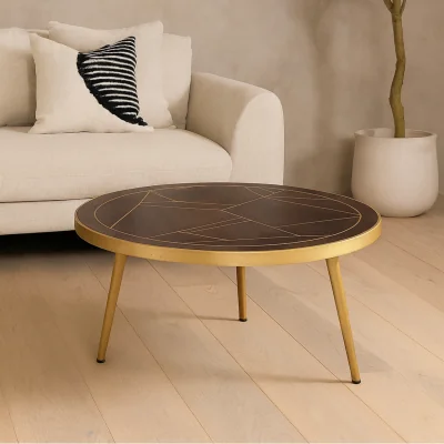 The Range Bandung Dark Mango Wood Round Coffee Table with Gold Inlays - Brown