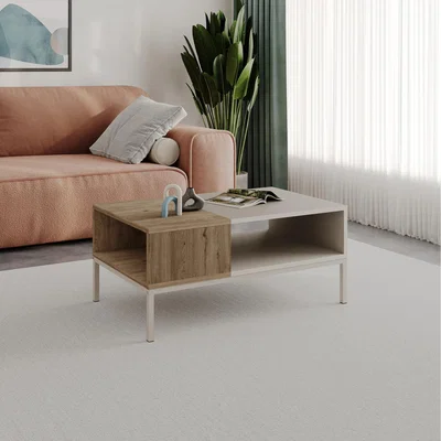 The Range Decortie Modern Rectangular Coffee Table with Dual Storage - Sandstone, Natural Oak / MetalParticle Board