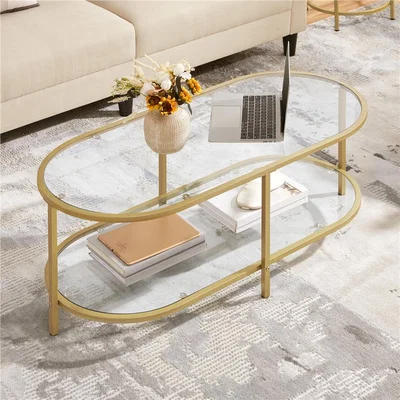 The Range Yaheetech Modern Oval Coffee Table With Clear Glass - Gold