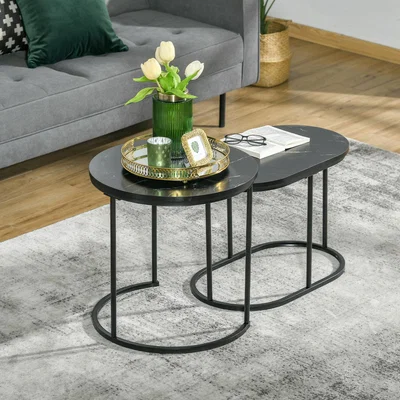 The Range HOMCOM Modern Coffee Table Set of 2 with Faux Marble Tabletop - Black