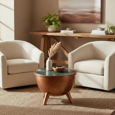 The Range Crest Copper Bowl Shape Coffee Table with Green Marble - Brown