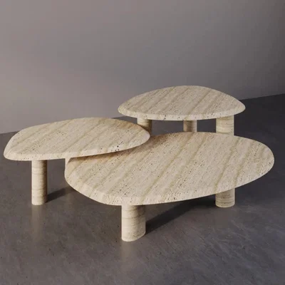 Tobias Oliver Marble Furniture | Three Musketeers Marble Coffee Table - Set of 3 | Travertine Marble
