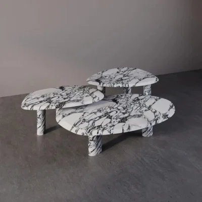 Tobias Oliver Marble Furniture | Three Musketeers Marble Coffee Table - Set of 3 | White Arasbesacto