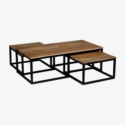 Vivense Dats 3 Piece Coffee Table, Black & Dark Wood