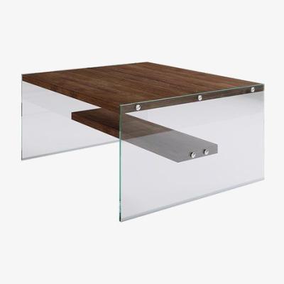Vivense Neostyle Niagara Tempered Glass and Solid Wood Coffee Table, Dark Wood