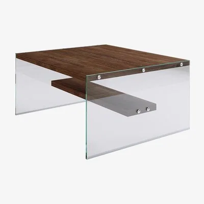 Vivense Neostyle Niagara Tempered Glass and Solid Wood Coffee Table, Dark Wood