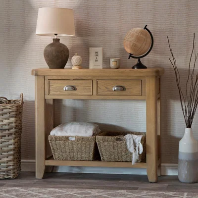 Chiltern Oak Furniture Wessex Smoked Oak Console Table with Wicker Baskets