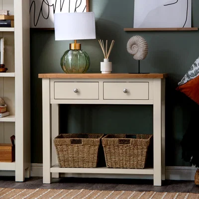 Chiltern Oak Furniture Salisbury Ivory Painted Oak Console Table with Wicker Baskets