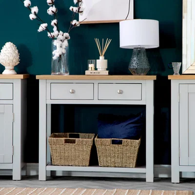 Chiltern Oak Furniture Salisbury Grey Painted Oak Console Table with Wicker Baskets