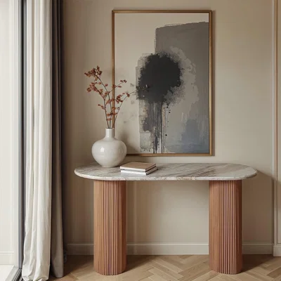 Furniture123 Natural Marble & Wood Pedestal Console Table - Ashford
